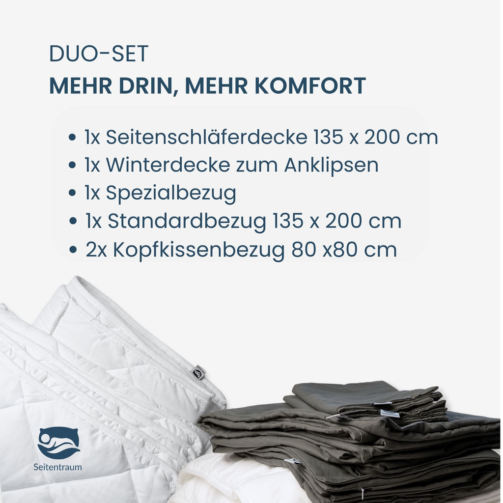 Seitentraum Duo Set. Komplette Seitenschläferdecke mit Winterdecke zum anklipsen und Spezialbezug. Inkl. Standardbezug und 2x Kopfkissenbezug.