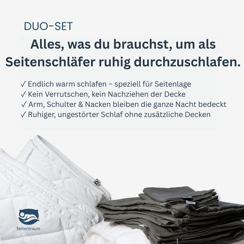 Seitentraum Duo Seitenschläferdecke mit integriertem Armflügel – hält Arm, Schulter und Nacken warm, ohne Verrutschen. Komplett-Set für Paare mit einheitlicher Bettwäsche-Optik.