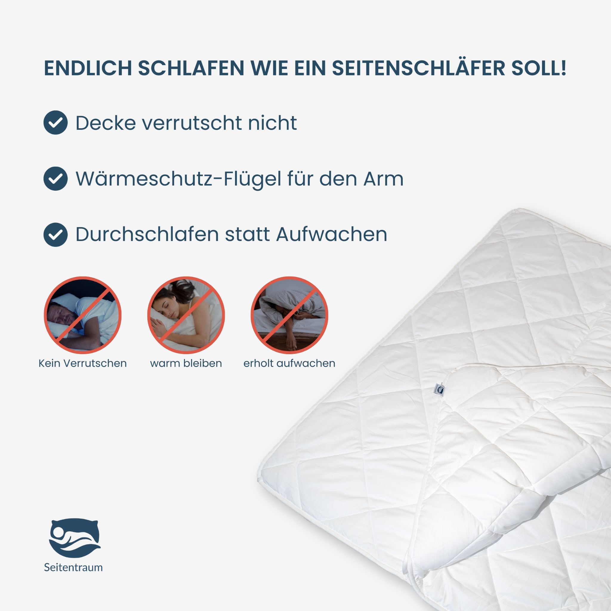 Infografik zur Seitentraum Solo Set Seitenschläferdecke: kein Verrutschen, Wärmeschutz Flügel für den Arm, erholtes Durchschlafen.