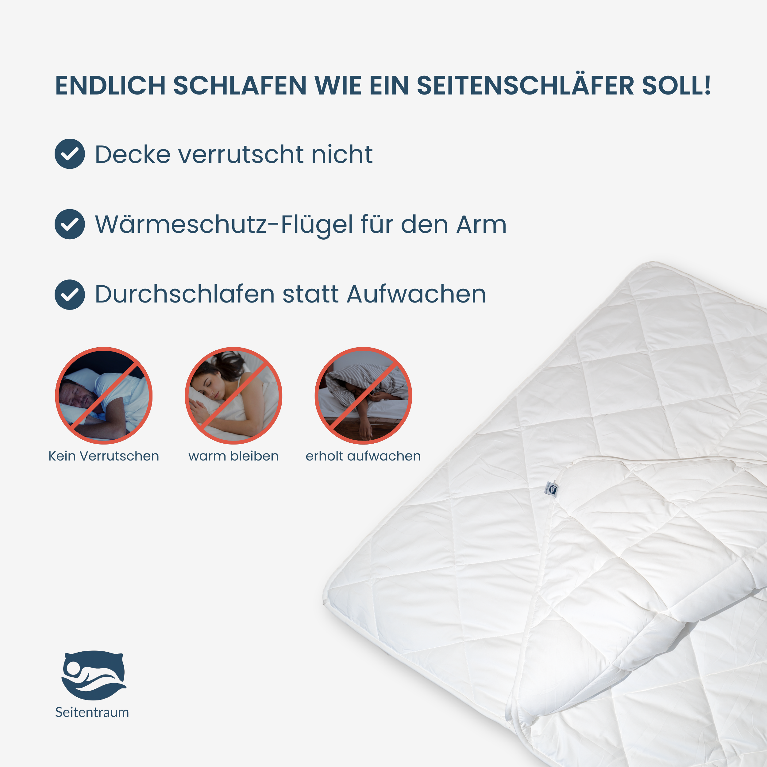 Grafik zeigt die Vorteile der Seitentraum Seitenschläferdecke: Decke verrutscht nicht, Wärmeschutz-Flügel für den Arm und ruhiger Schlaf ohne nächtliches Aufwachen.