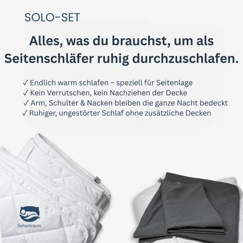 Seitentraum® Solo Set – ergonomische Seitenschläferdecke mit integriertem Flügel-System für ruhigen, warmen Schlaf ohne Verrutschen.