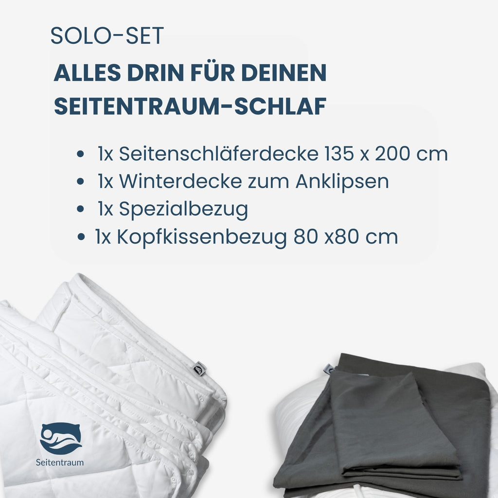 Seitentraum-Solo-Set. Seitenschläferdecke mit Winterdecke, Spezialbezug und Kopfkissenbezug.